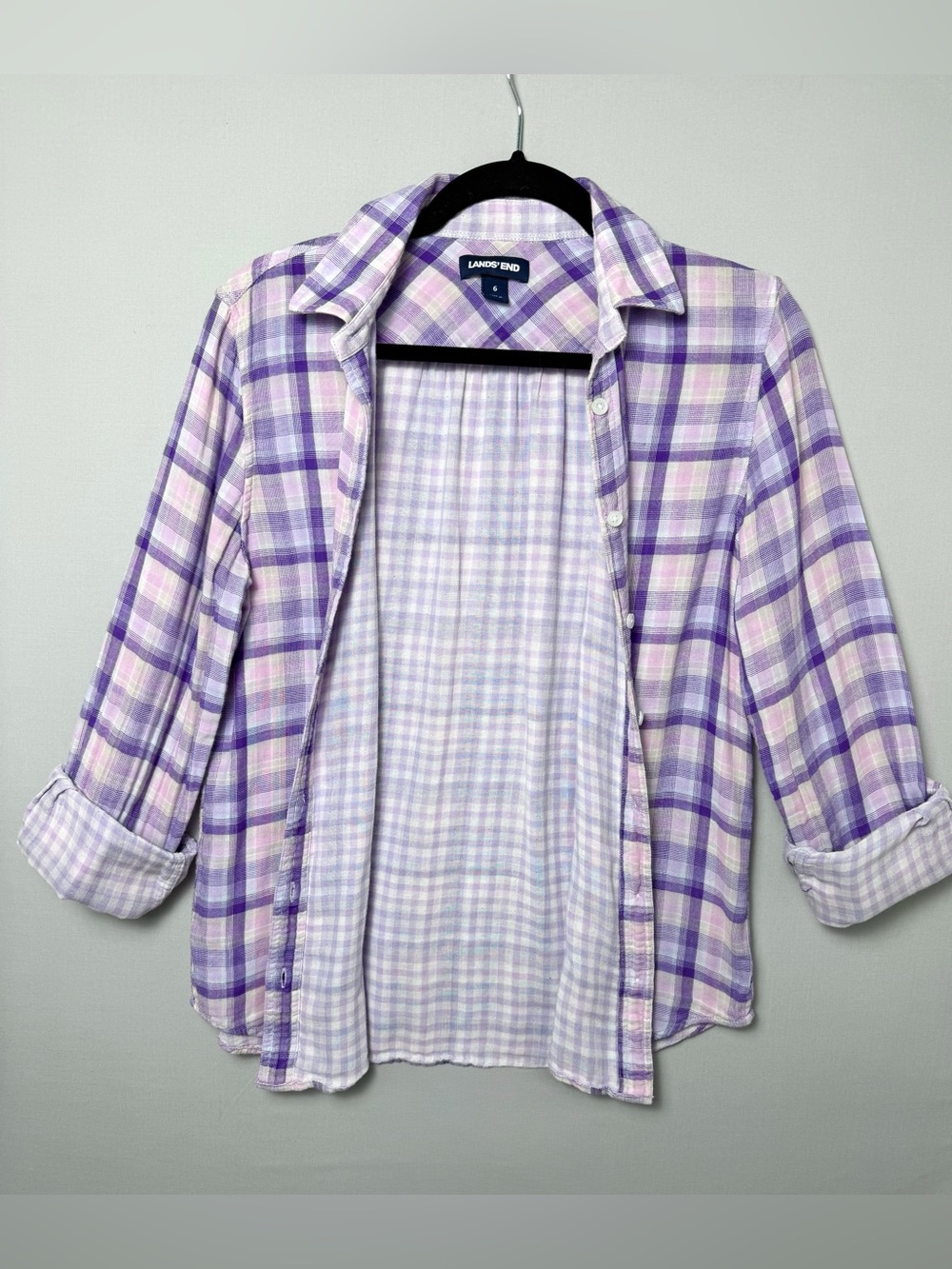 Lands End Cotton Flannel Light Purple Plaid Gauze Button Down Shirt, Sz 6